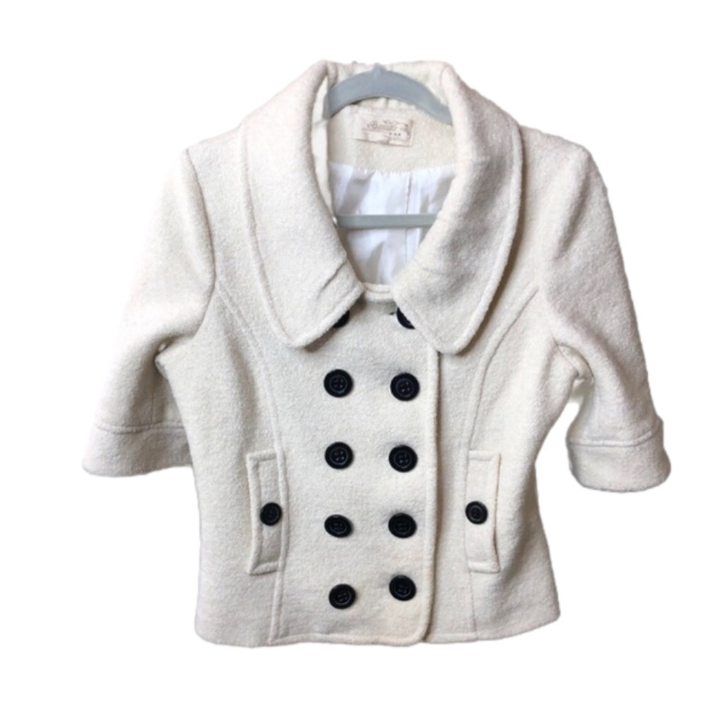 𝅺RARE VINTAGE Banana USA Cream button front 3/4 sleeve cropped Pea Coat Jacket.